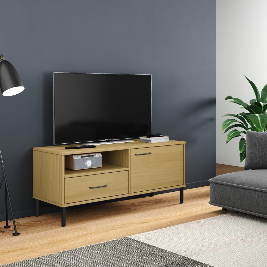 Tv-meubel met metalen poten OSLO massief grenenhout bruin is nu te koop bij PeponiXL, paradijselijk wonen!
