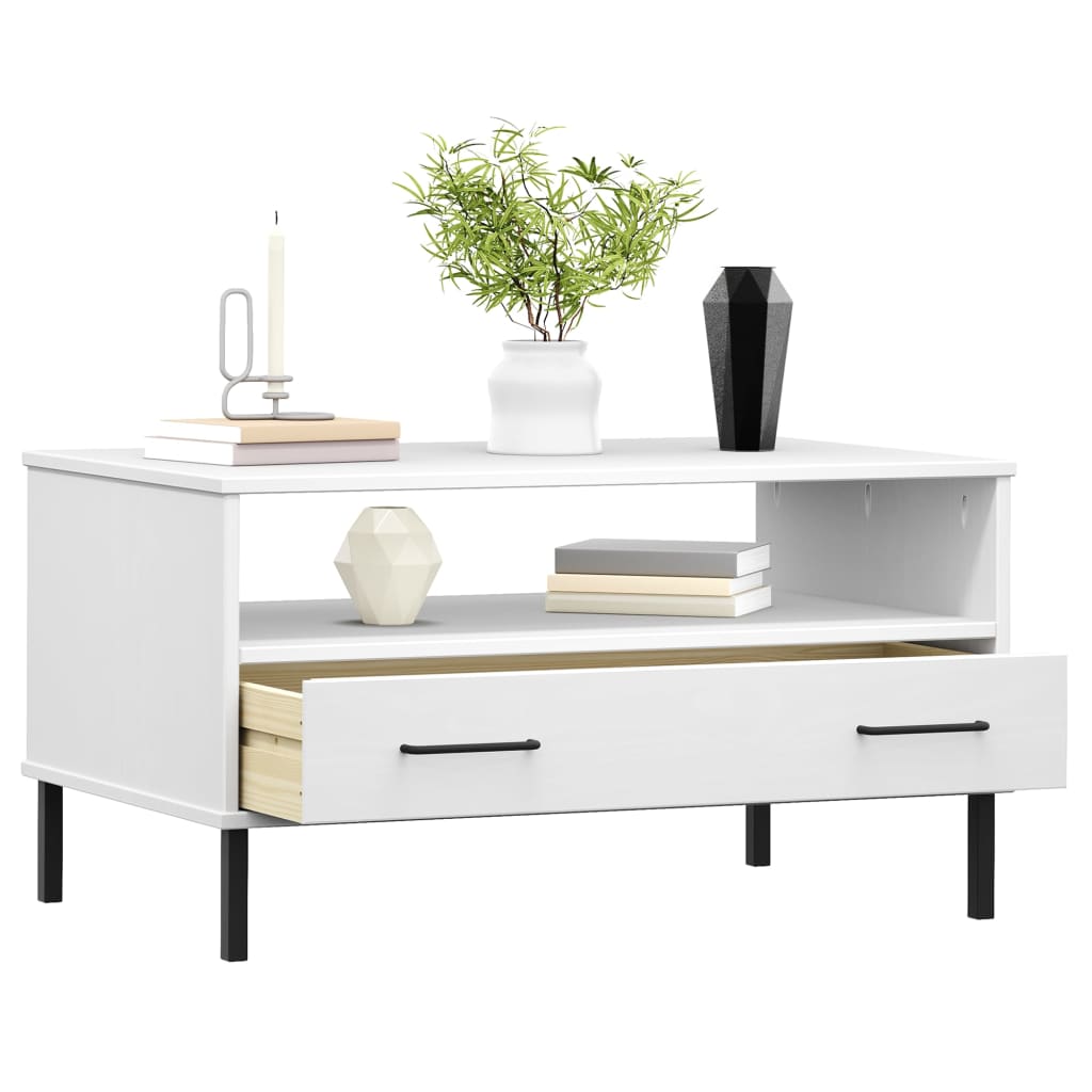 Salontafel met metalen poten OSLO 85x50x45 cm masssief hout wit is nu te koop bij PeponiXL, paradijselijk wonen!
