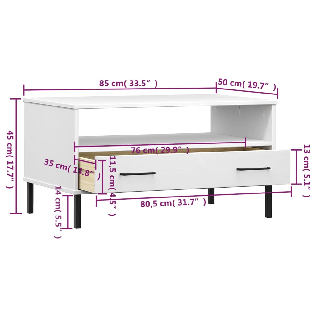 Salontafel met metalen poten OSLO 85x50x45 cm masssief hout wit is nu te koop bij PeponiXL, paradijselijk wonen!