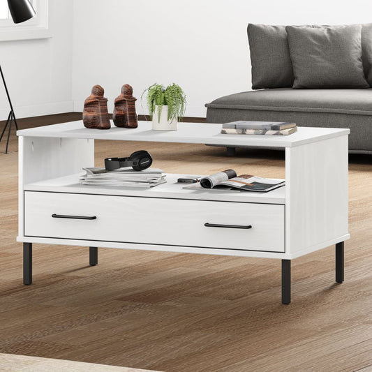Salontafel met metalen poten OSLO 85x50x45 cm masssief hout wit is nu te koop bij PeponiXL, paradijselijk wonen!