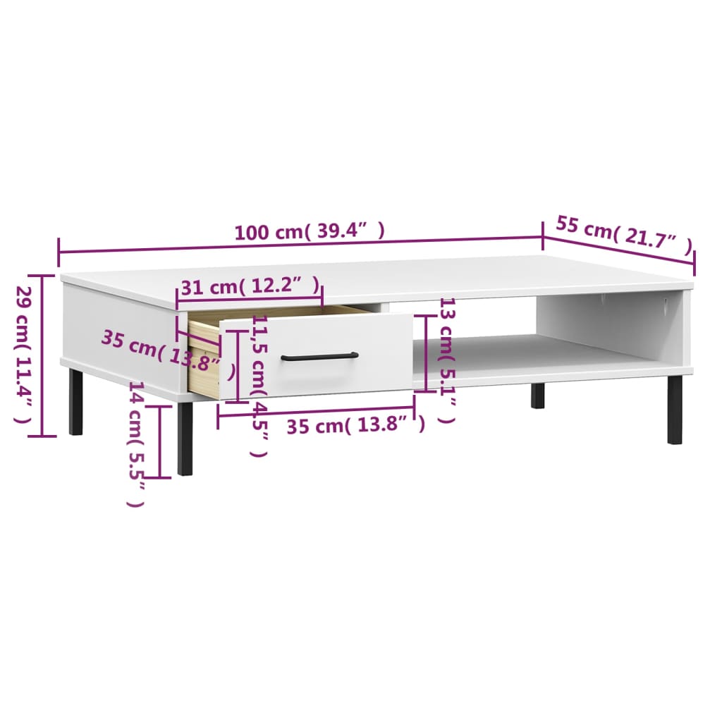 Salontafel met metalen poten OSLO massief grenenhout wit is nu te koop bij PeponiXL, paradijselijk wonen!