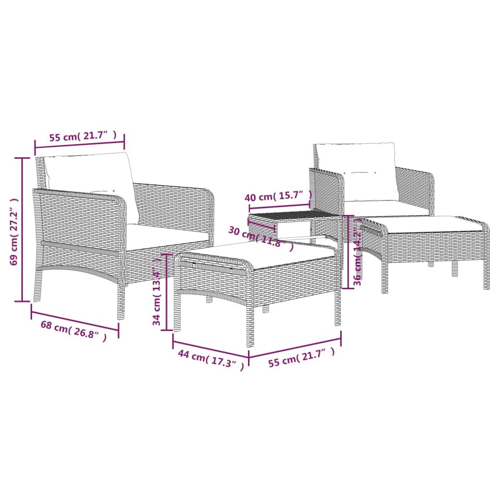 5-delige Loungeset met kussens poly rattan zwart is nu te koop bij PeponiXL, paradijselijk wonen!