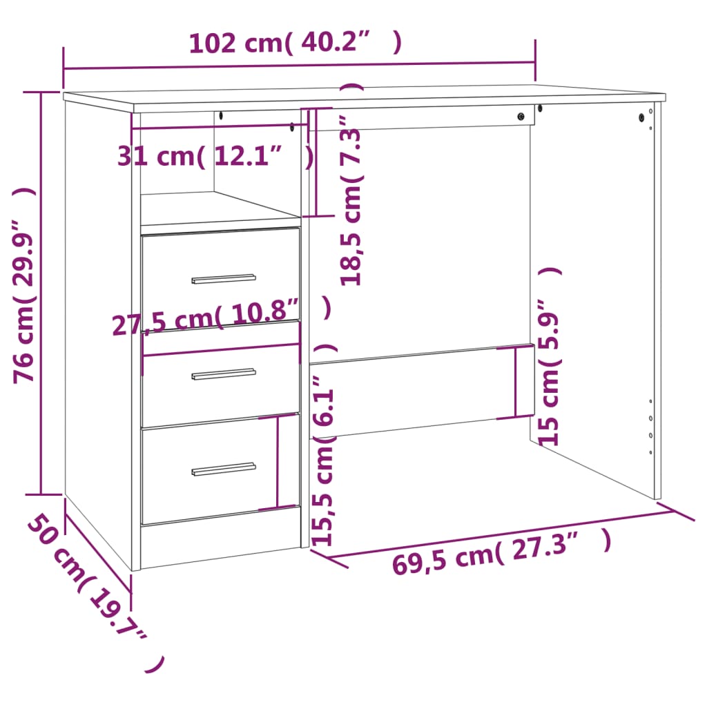Bureau met lades 102x50x76 cm bewerkt hout wit is nu te koop bij PeponiXL, paradijselijk wonen!
