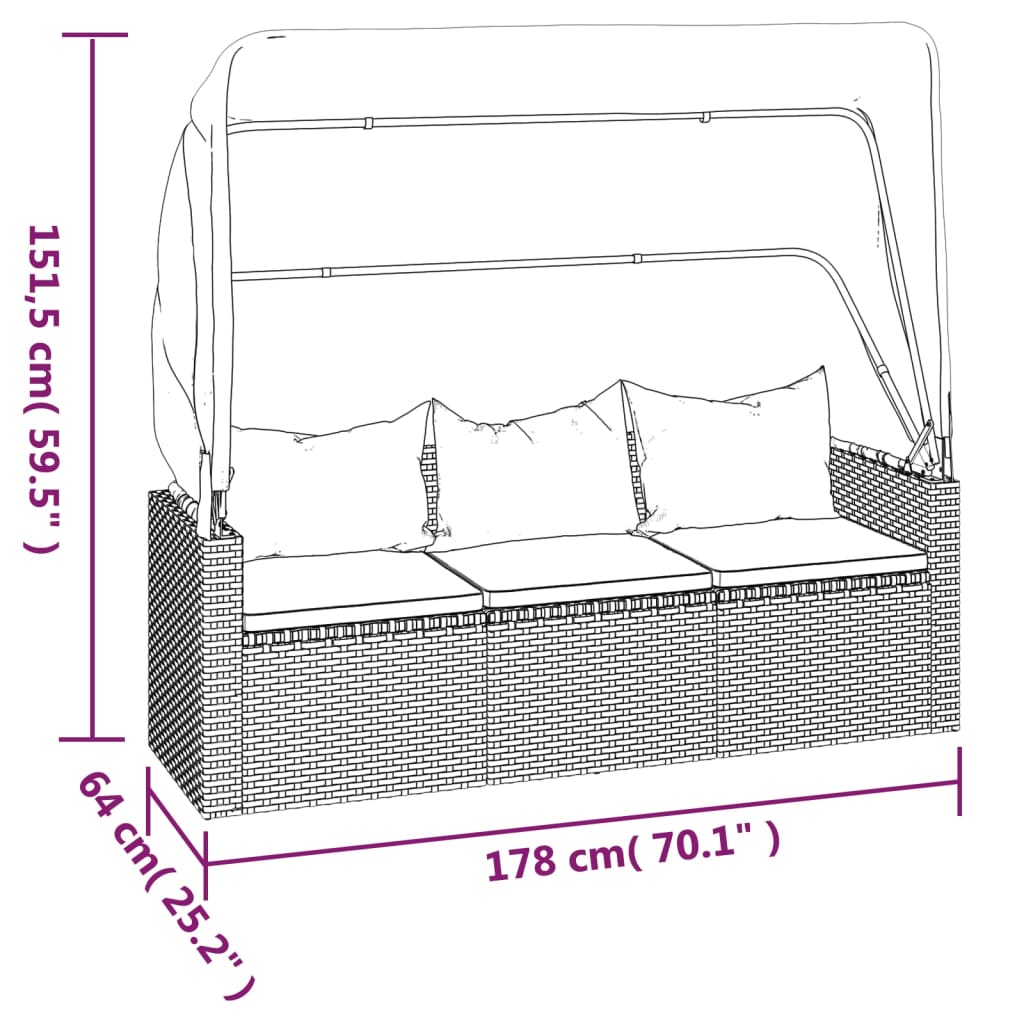 Tuinbank 3-zits met dak en voetenbank poly rattan zwart is nu te koop bij PeponiXL, paradijselijk wonen!