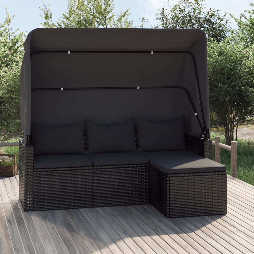 Tuinbank 3-zits met dak en voetenbank poly rattan zwart is nu te koop bij PeponiXL, paradijselijk wonen!