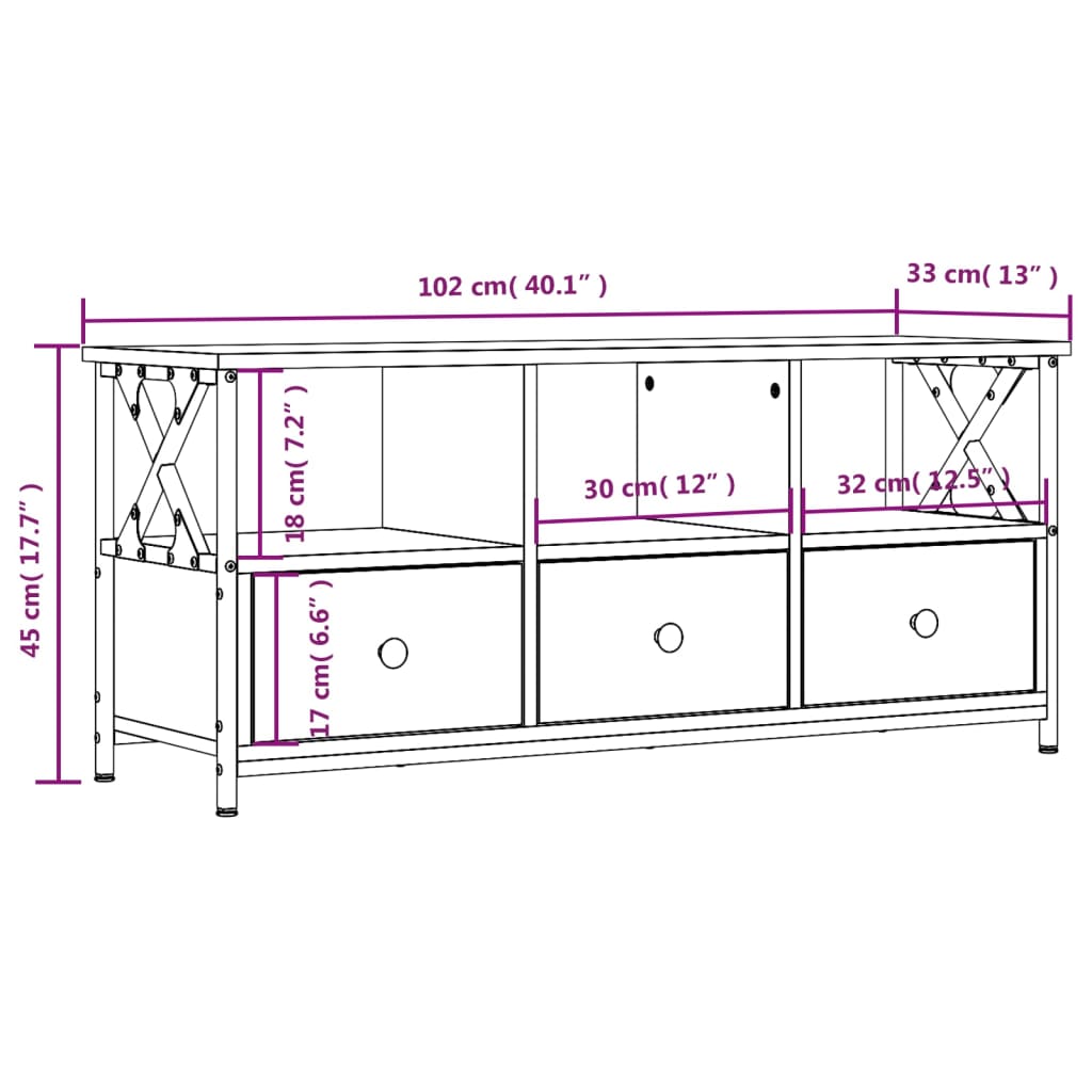 Tv-meubel 102x33x45 cm bewerkt hout en ijzer bruin eikenkleur is nu te koop bij PeponiXL, paradijselijk wonen!