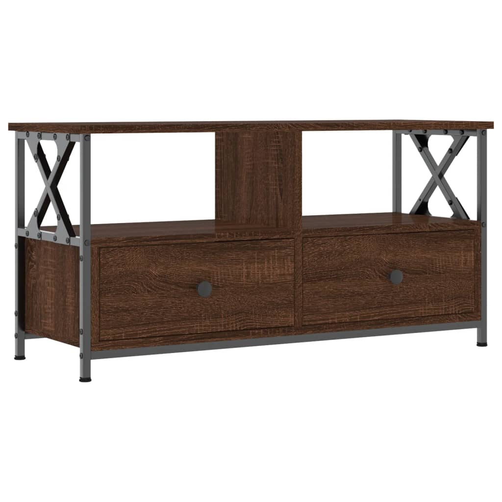 Tv-meubel 90x33x45 cm bewerkt hout en ijzer bruin eikenkleur is nu te koop bij PeponiXL, paradijselijk wonen!