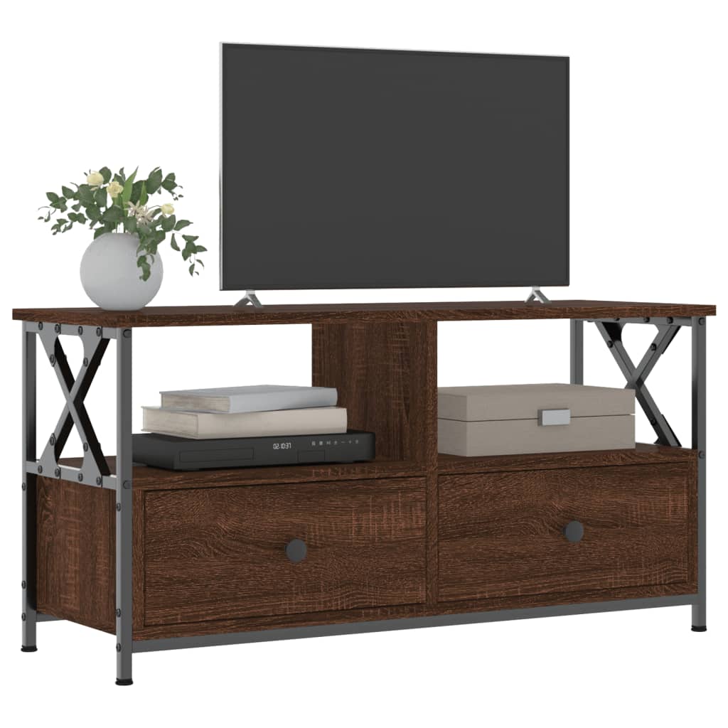 Tv-meubel 90x33x45 cm bewerkt hout en ijzer bruin eikenkleur is nu te koop bij PeponiXL, paradijselijk wonen!