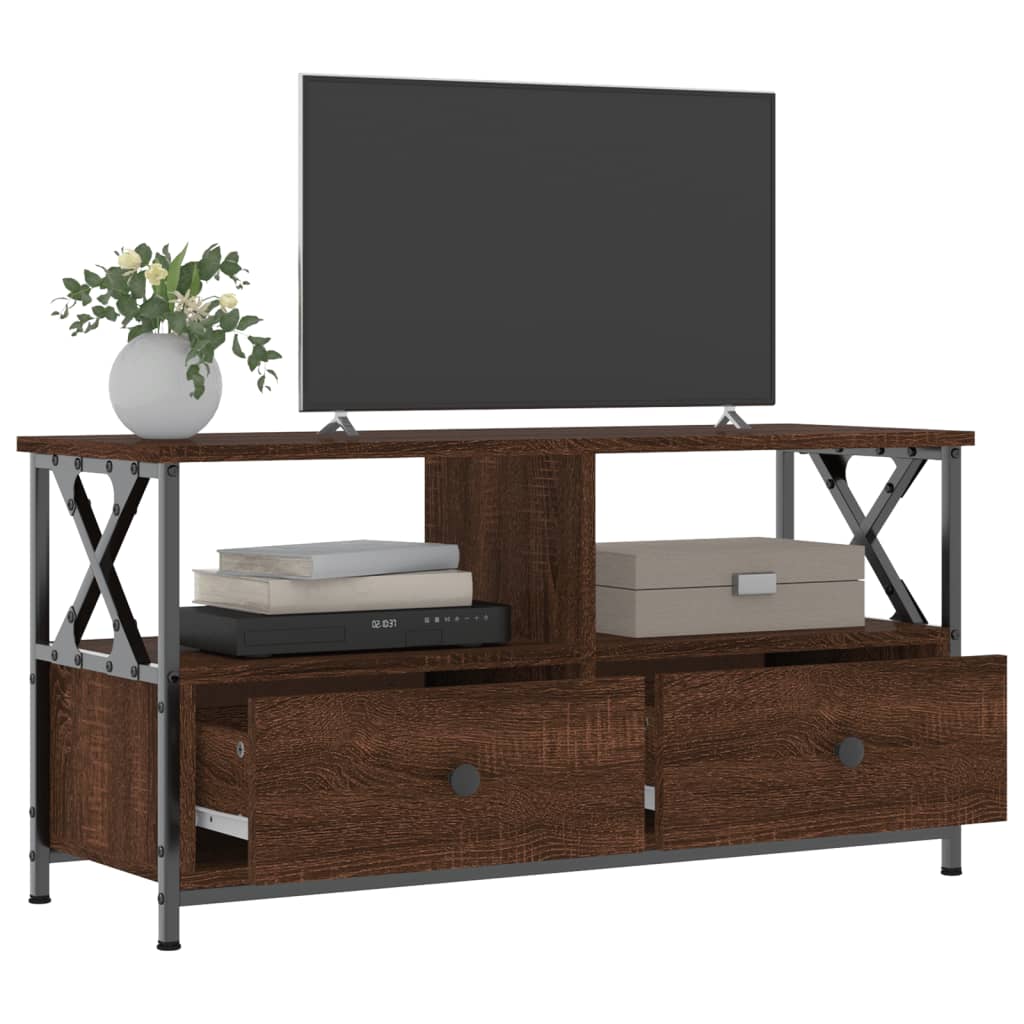 Tv-meubel 90x33x45 cm bewerkt hout en ijzer bruin eikenkleur is nu te koop bij PeponiXL, paradijselijk wonen!