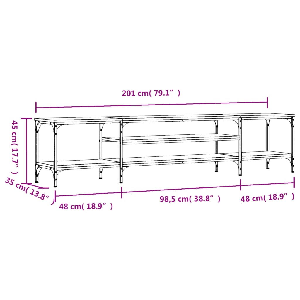 Tv-meubel 201x35x45 cm bewerkt hout en ijzer gerookt eikenkleur is nu te koop bij PeponiXL, paradijselijk wonen!