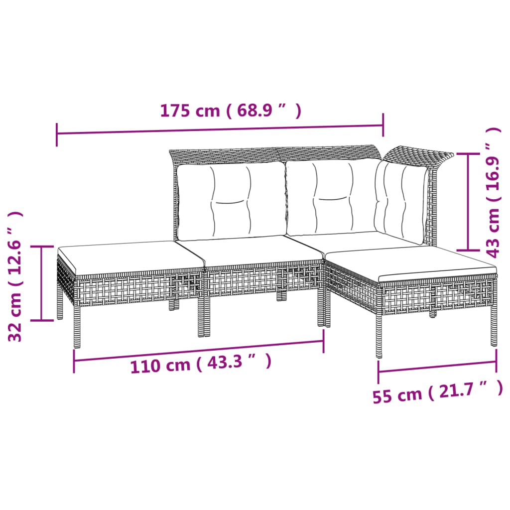 4-delige Loungeset met kussens poly rattan grijs is nu te koop bij PeponiXL, paradijselijk wonen!