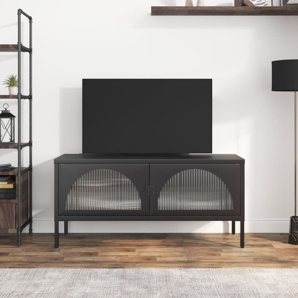Tv-meubel 105x35x50 cm glas en staal zwart is nu te koop bij PeponiXL, paradijselijk wonen!