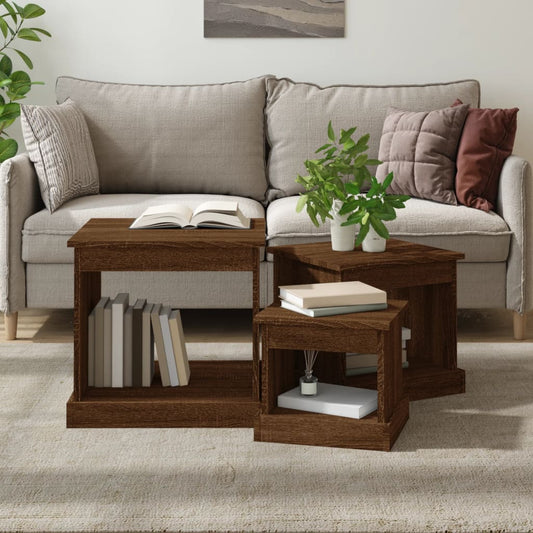 3-delige Salontafelset bewerkt hout bruin eikenkleur is nu te koop bij PeponiXL, paradijselijk wonen!