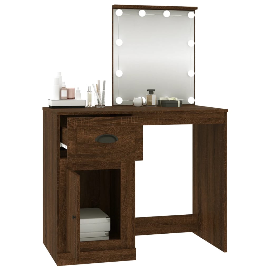 Kaptafel met LED 90x50x132,5 cm bewerkt hout bruin eikenkleur is nu te koop bij PeponiXL, paradijselijk wonen!