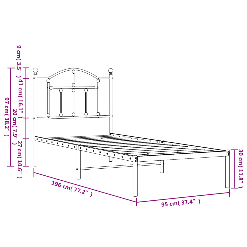 Bedframe met hoofdbord metaal zwart 90x190 cm is nu te koop bij PeponiXL, paradijselijk wonen!