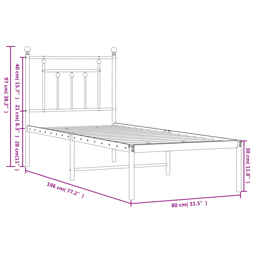 Bedframe met hoofdbord metaal zwart 75x190 cm is nu te koop bij PeponiXL, paradijselijk wonen!