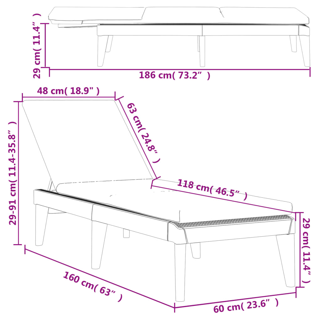 Ligbed met kussen 186x60x29 cm polypropeen antracietkleurig is nu te koop bij PeponiXL, paradijselijk wonen!