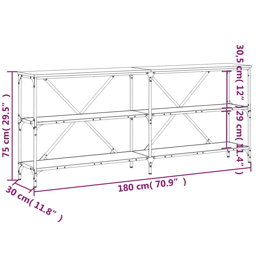 Wandtafel 180x30x75 cm bewerkt hout en ijzer bruin eikenkleur is nu te koop bij PeponiXL, paradijselijk wonen!