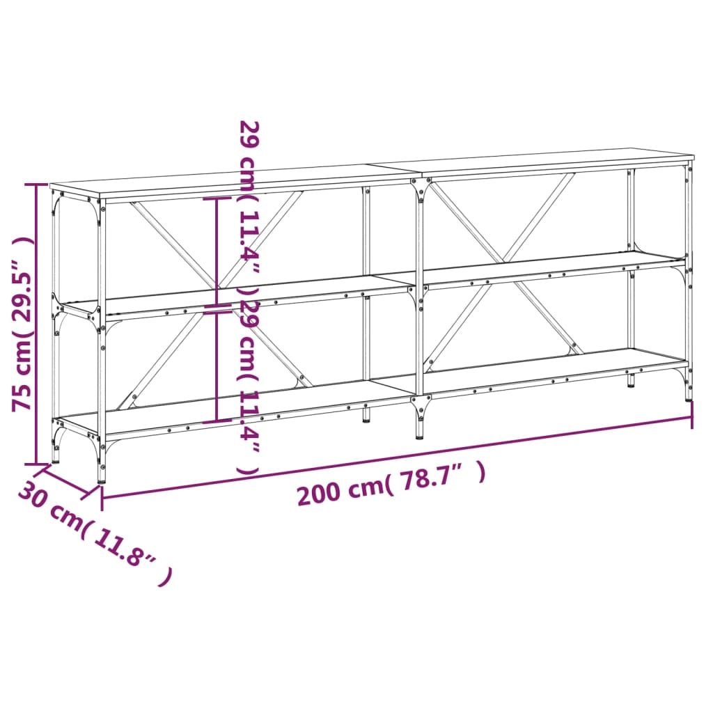 Wandtafel 200x30x75 cm bewerkt hout en ijzer bruin eikenkleur is nu te koop bij PeponiXL, paradijselijk wonen!