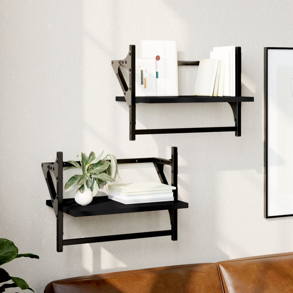 Wandschappen met stangen 2 st 40x25x30 cm zwart is nu te koop bij PeponiXL, paradijselijk wonen!