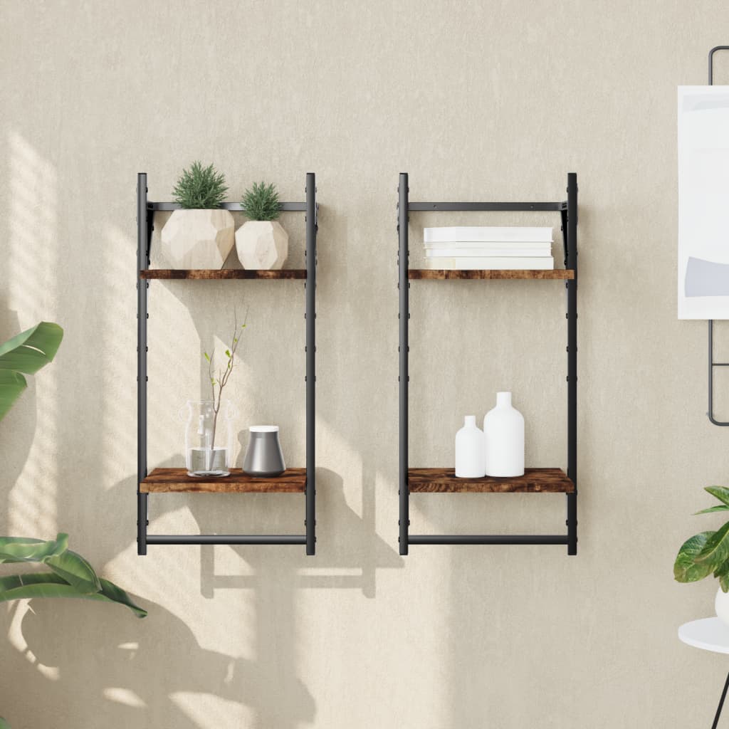 Wandschappen 2-laags met stangen 2 st 30x25x65 cm gerookt eiken is nu te koop bij PeponiXL, paradijselijk wonen!