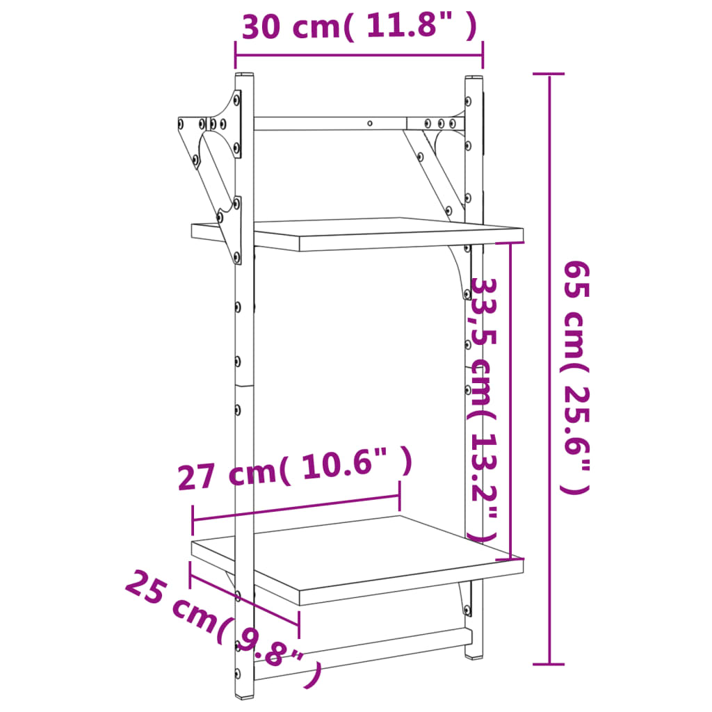 Wandschappen 2-laags met stangen 2 st 30x25x65 cm grijs sonoma is nu te koop bij PeponiXL, paradijselijk wonen!