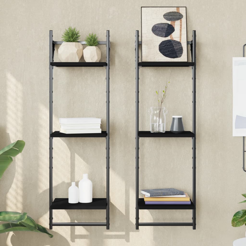 Wandschappen 3-laags met stangen 2 st 30x25x100 cm zwart is nu te koop bij PeponiXL, paradijselijk wonen!