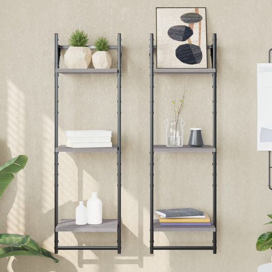 Wandschappen 3-laags met stangen 2 st 30x25x100 cm grijs sonoma is nu te koop bij PeponiXL, paradijselijk wonen!