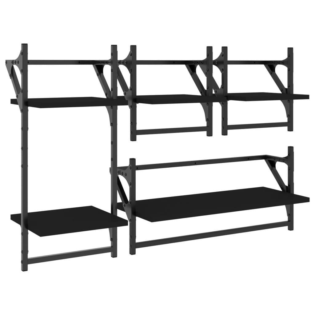 4-delige Wandschappenset met stangen bewerkt hout zwart is nu te koop bij PeponiXL, paradijselijk wonen!