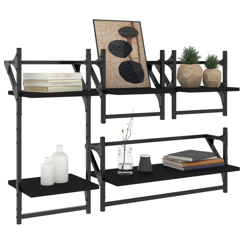 4-delige Wandschappenset met stangen bewerkt hout zwart is nu te koop bij PeponiXL, paradijselijk wonen!