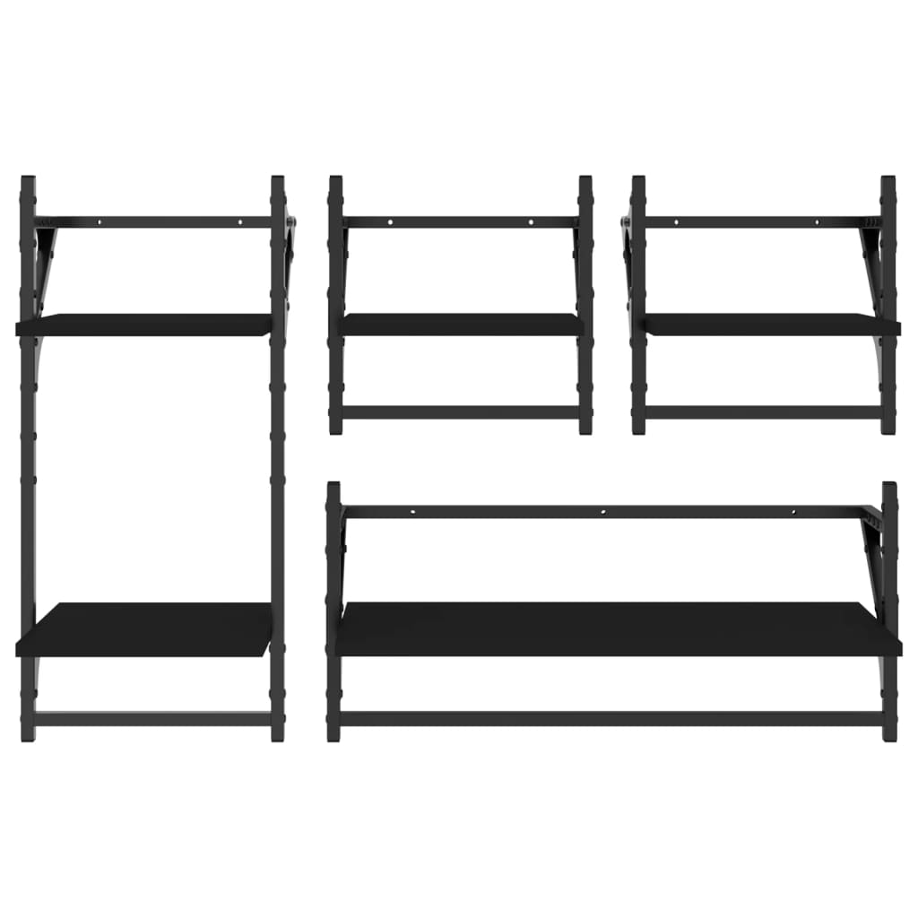 4-delige Wandschappenset met stangen bewerkt hout zwart is nu te koop bij PeponiXL, paradijselijk wonen!