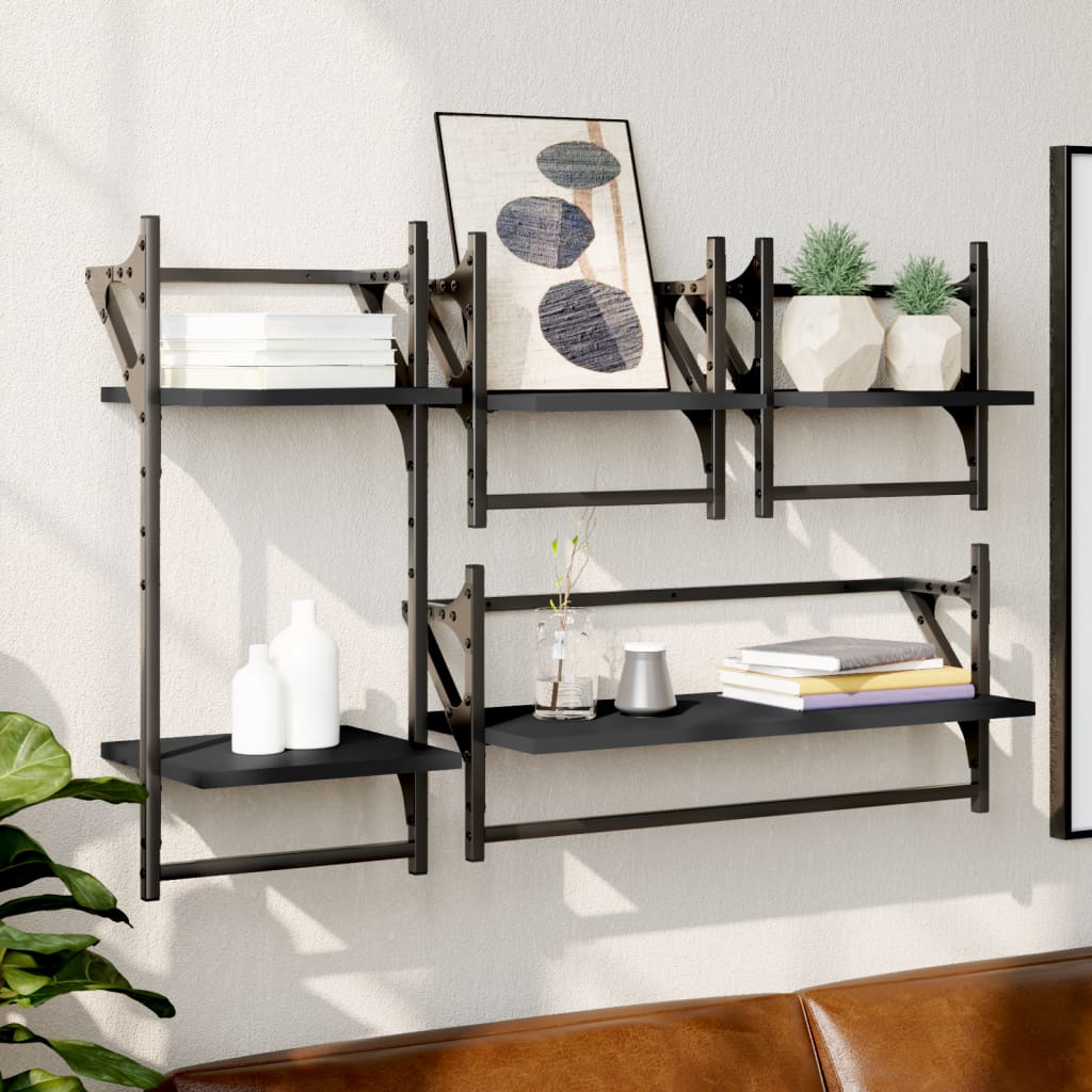 4-delige Wandschappenset met stangen bewerkt hout zwart is nu te koop bij PeponiXL, paradijselijk wonen!