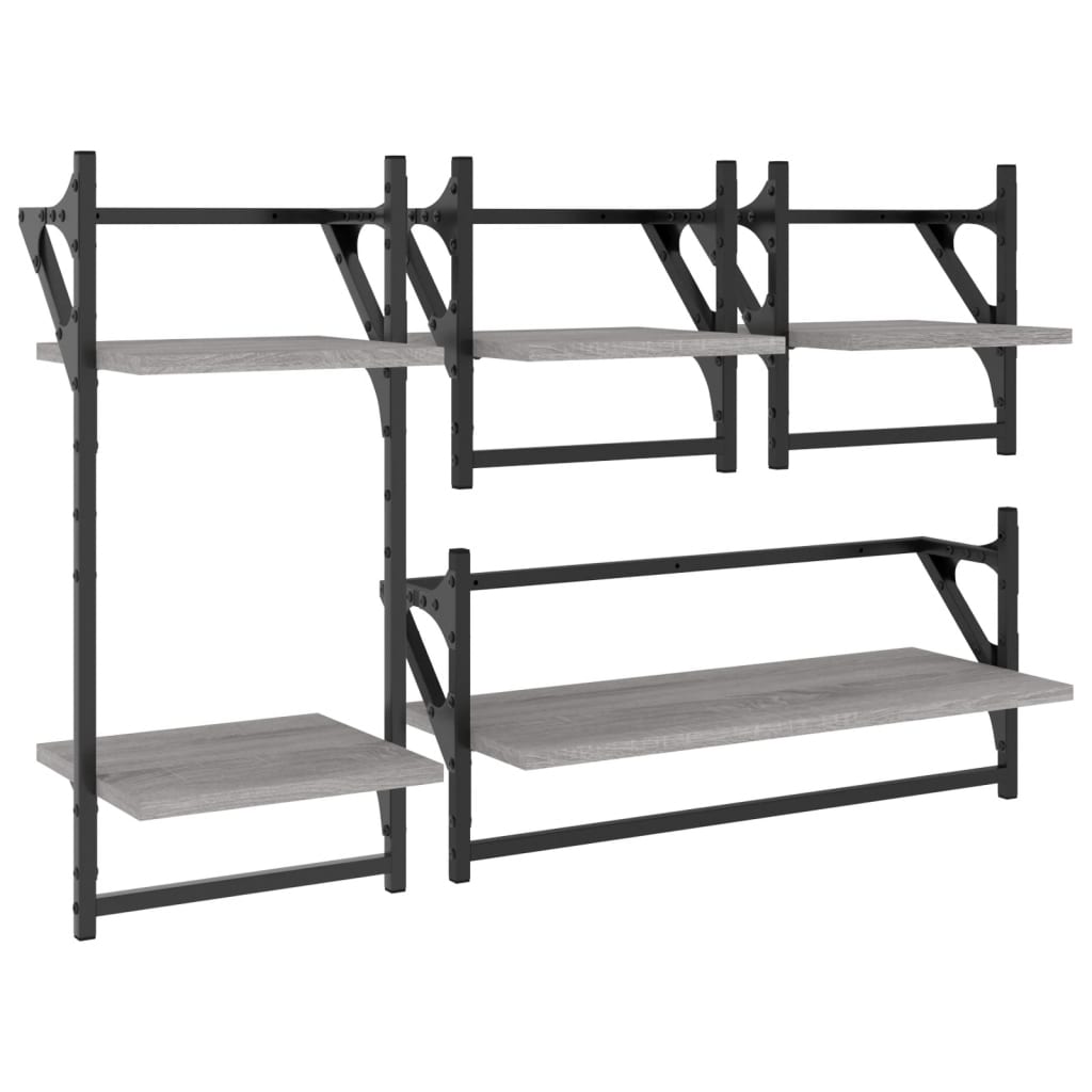 4-delige Wandschappenset met stangen bewerkt hout grijs sonoma is nu te koop bij PeponiXL, paradijselijk wonen!