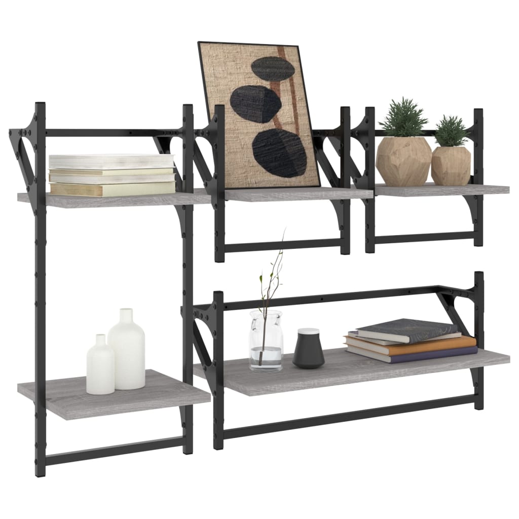 4-delige Wandschappenset met stangen bewerkt hout grijs sonoma is nu te koop bij PeponiXL, paradijselijk wonen!