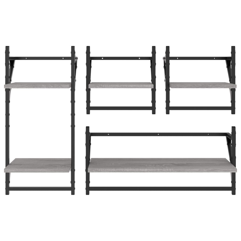 4-delige Wandschappenset met stangen bewerkt hout grijs sonoma is nu te koop bij PeponiXL, paradijselijk wonen!