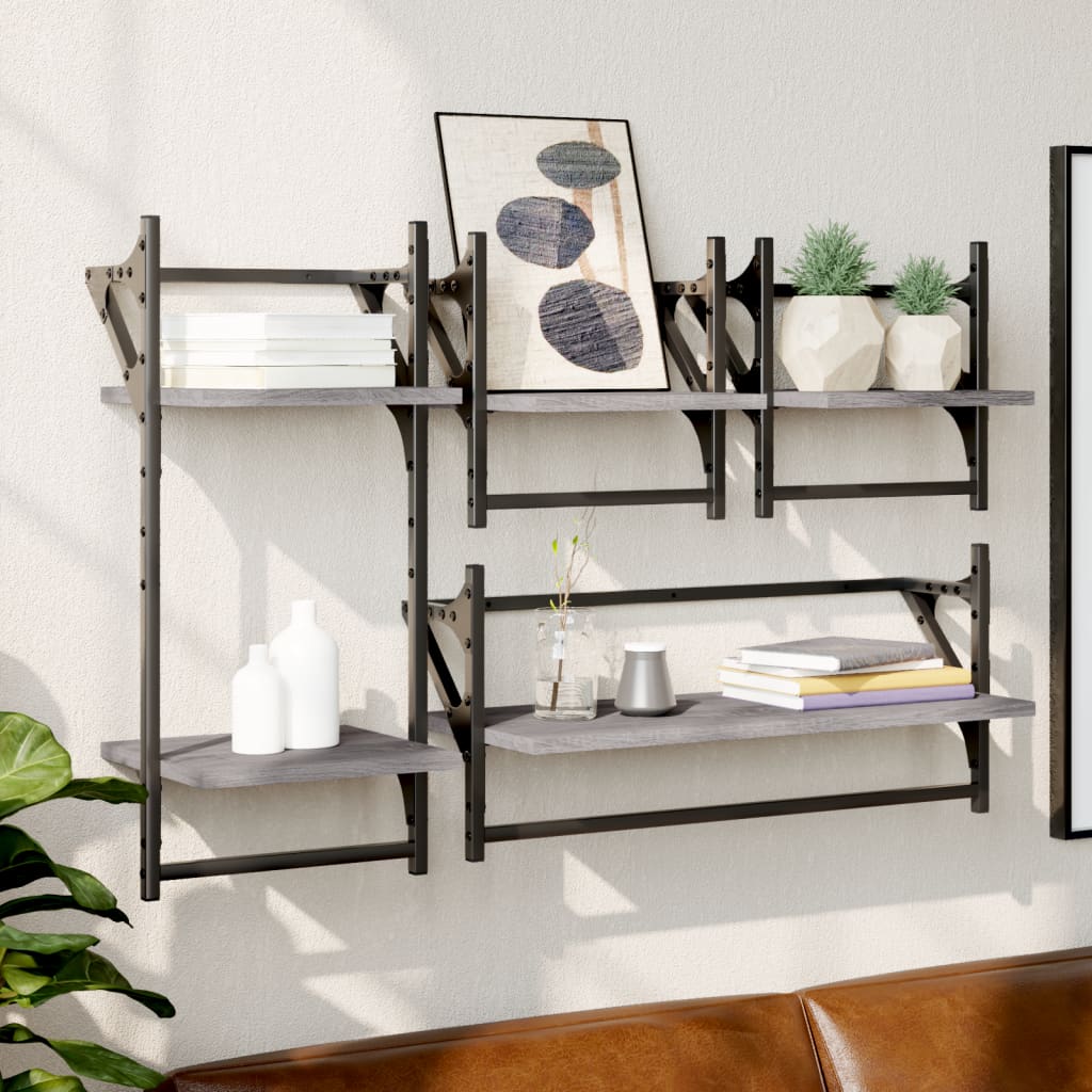 4-delige Wandschappenset met stangen bewerkt hout grijs sonoma is nu te koop bij PeponiXL, paradijselijk wonen!
