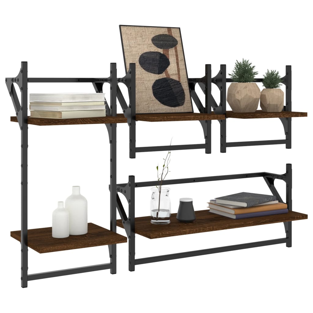 4-delige Wandschappenset met stangen bewerkt hout bruineiken is nu te koop bij PeponiXL, paradijselijk wonen!
