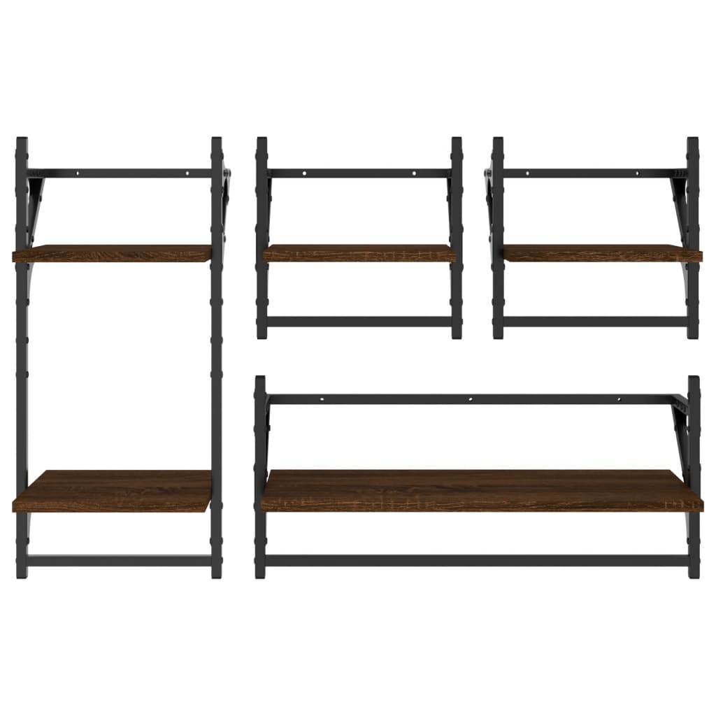 4-delige Wandschappenset met stangen bewerkt hout bruineiken is nu te koop bij PeponiXL, paradijselijk wonen!