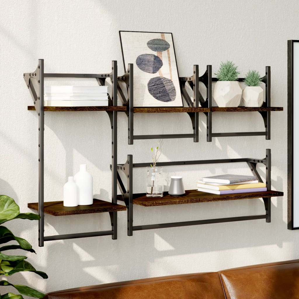 4-delige Wandschappenset met stangen bewerkt hout bruineiken is nu te koop bij PeponiXL, paradijselijk wonen!