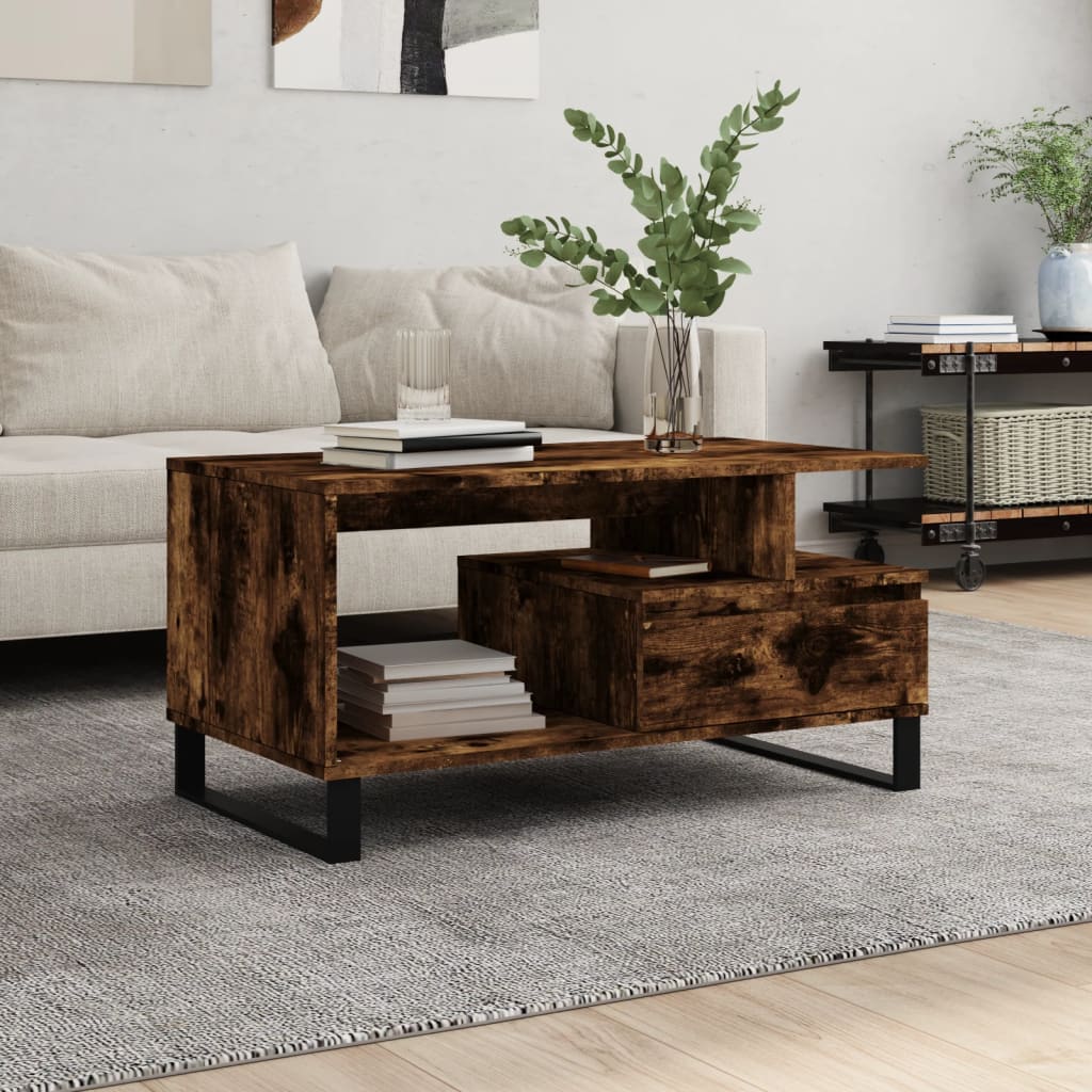 Salontafel 90x49x45 cm bewerkt hout gerookt eikenkleurig is nu te koop bij PeponiXL, paradijselijk wonen!