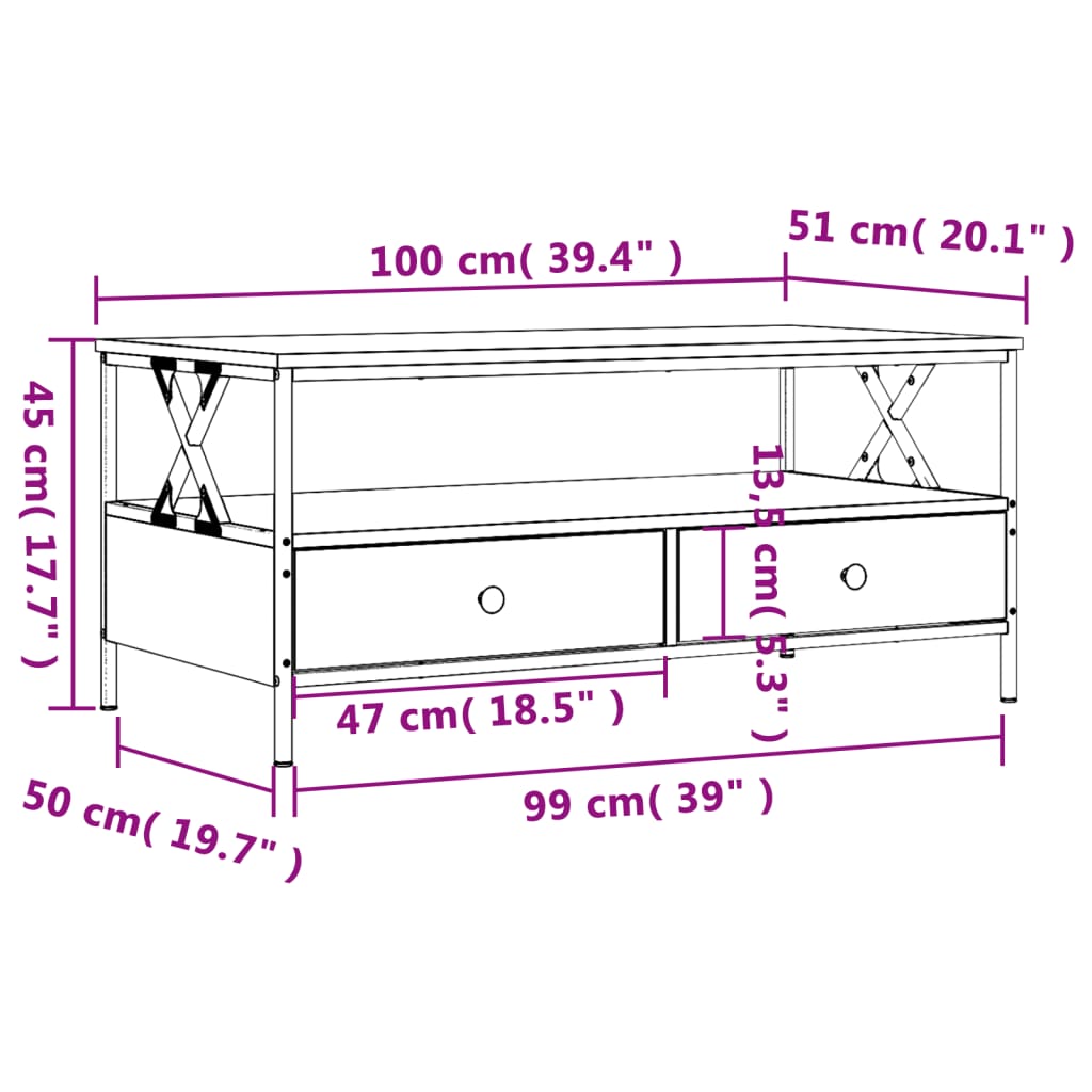 Salontafel 100x51x45 cm bewerkt hout gerookt eikenkleurig is nu te koop bij PeponiXL, paradijselijk wonen!