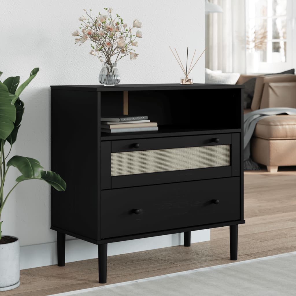 Dressoir SENJA rattan-look 80x40x80 cm massief grenenhout zwart is nu te koop bij PeponiXL, paradijselijk wonen!