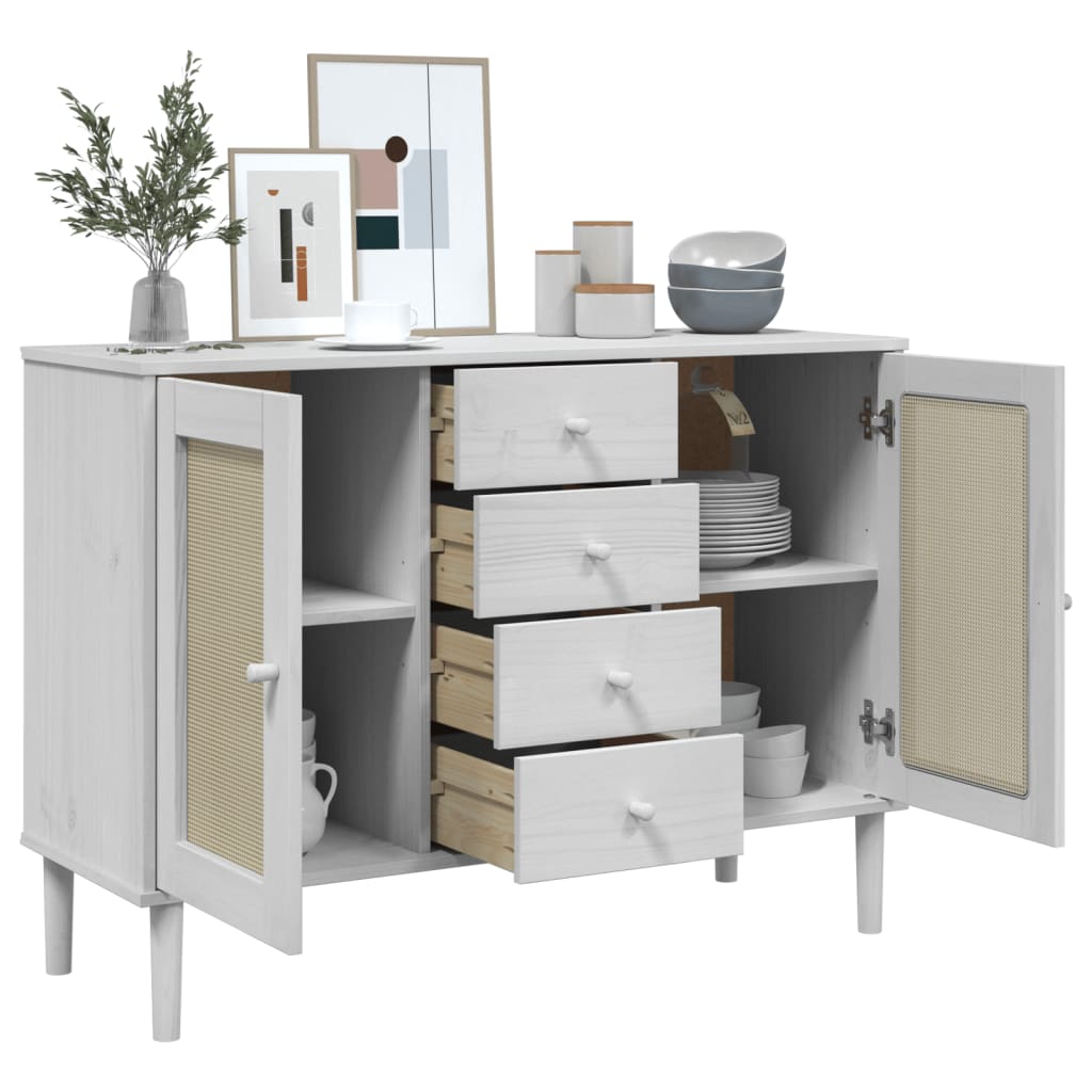 Dressoir SENJA rattan-look 112x40x80 cm massief grenenhout wit is nu te koop bij PeponiXL, paradijselijk wonen!