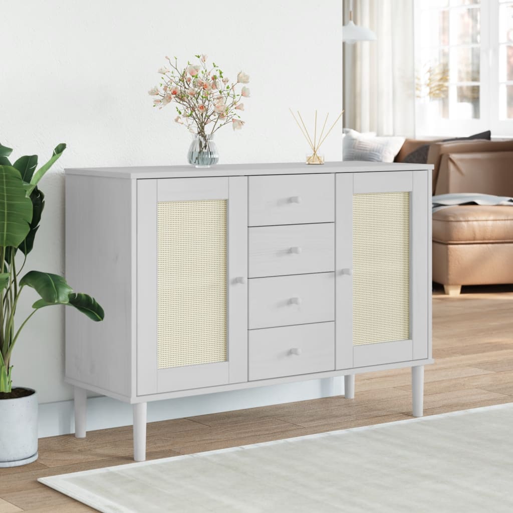 Dressoir SENJA rattan-look 112x40x80 cm massief grenenhout wit is nu te koop bij PeponiXL, paradijselijk wonen!