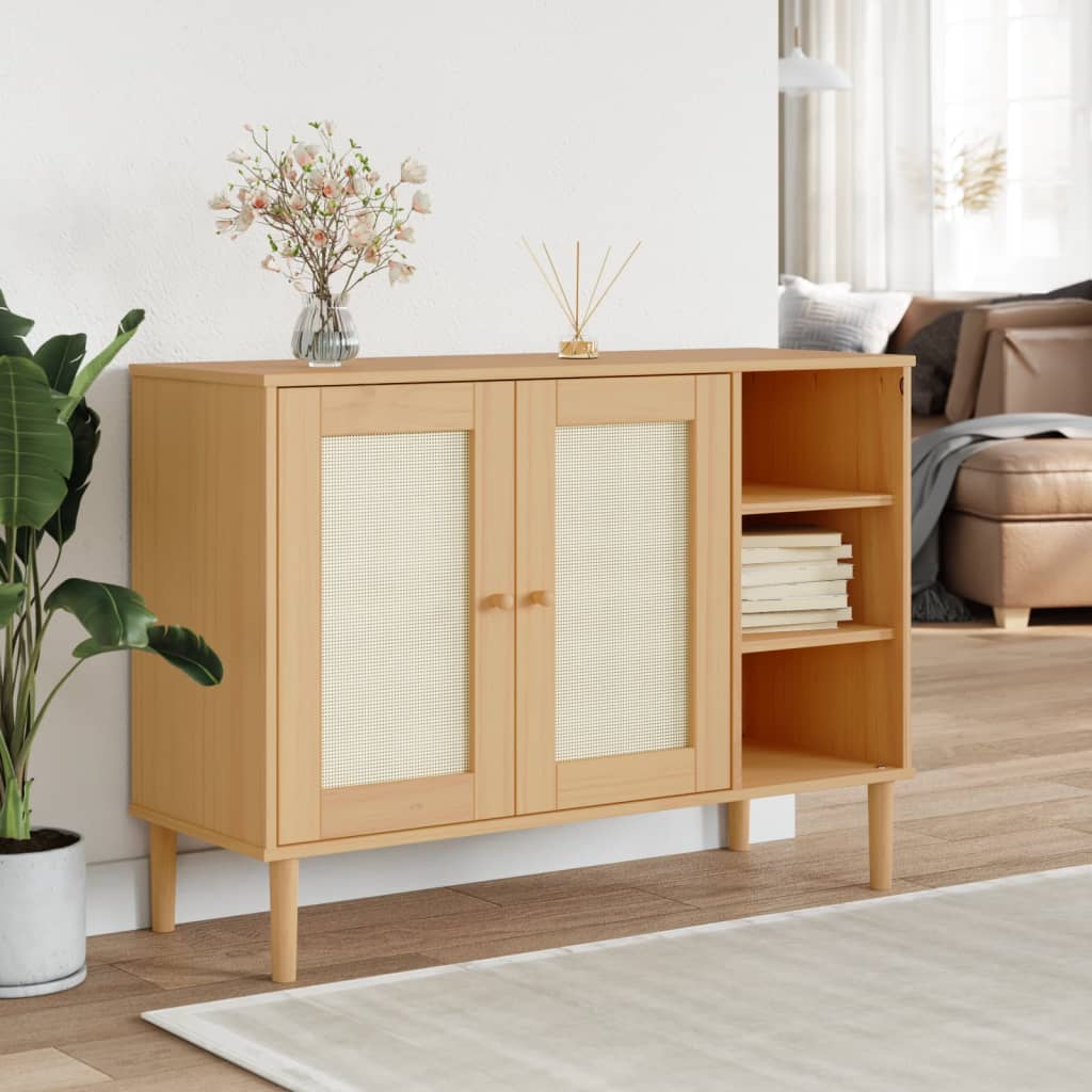 Dressoir SENJA 112x40x80 cm rattan massief grenenhout bruin is nu te koop bij PeponiXL, paradijselijk wonen!