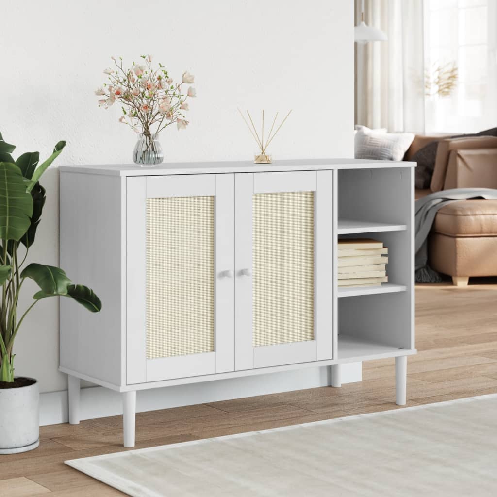 Dressoir SENJA 112x40x80 cm rattan look massief grenenhout wit is nu te koop bij PeponiXL, paradijselijk wonen!