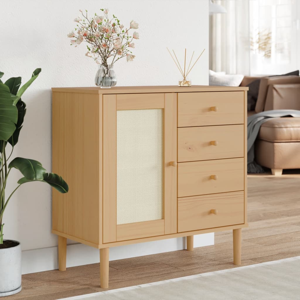 Dressoir SENJA 80x40x80 cm rattan look massief grenenhout bruin is nu te koop bij PeponiXL, paradijselijk wonen!