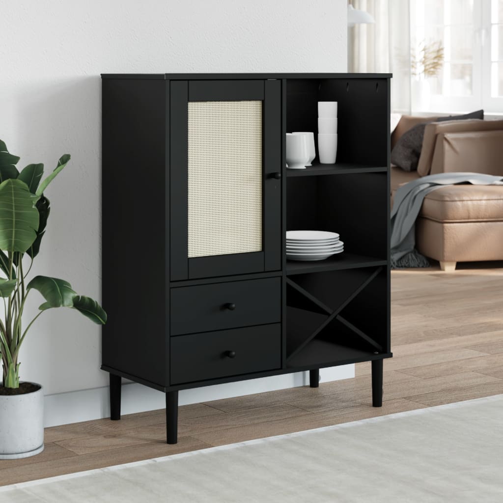 Hoge kast SENJA 90x40x112 cm rattan look grenenhout zwart is nu te koop bij PeponiXL, paradijselijk wonen!