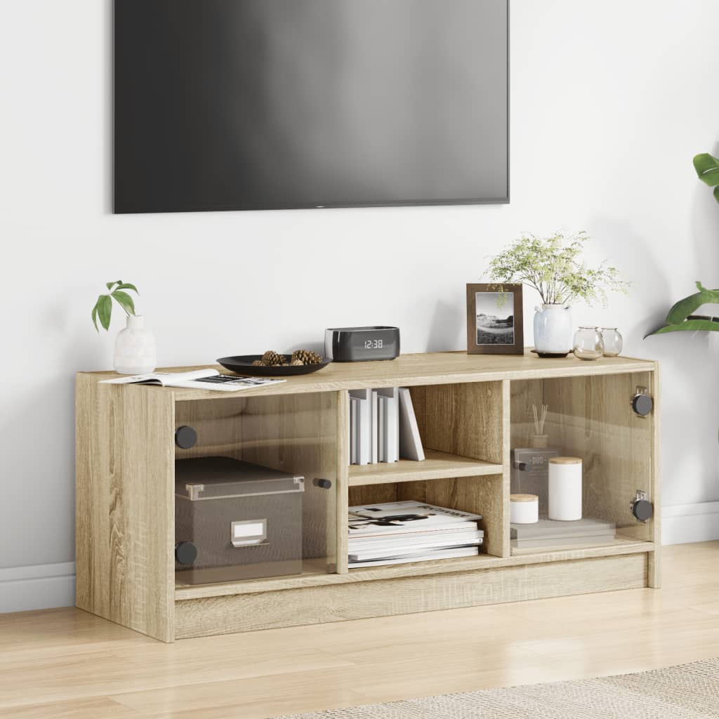 Tv-meubel met glazen deuren 102x37x42 cm sonoma eikenkleurig is nu te koop bij PeponiXL, paradijselijk wonen!
