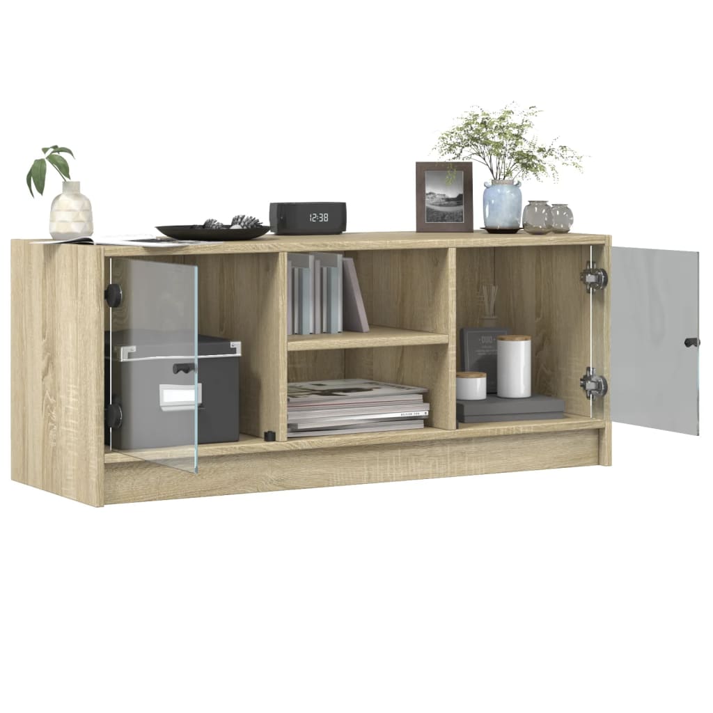 Tv-meubel met glazen deuren 102x37x42 cm sonoma eikenkleurig is nu te koop bij PeponiXL, paradijselijk wonen!